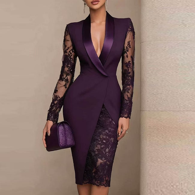 Menna - Elegant Lace Sleeve Tailored Midi Dress