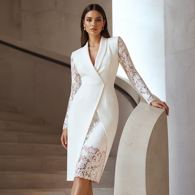 Menna - Elegant Lace Sleeve Tailored Midi Dress