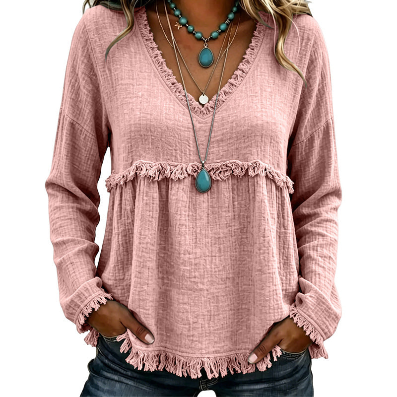 Ariselle - Fringe Trim V-Neck Blouse