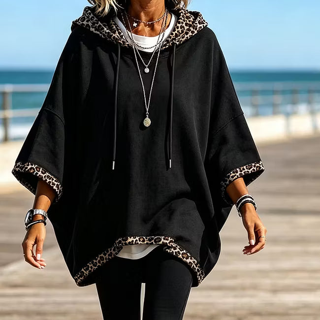 Aliz - Leopard Trim Batwing Hooded Sweatshirt