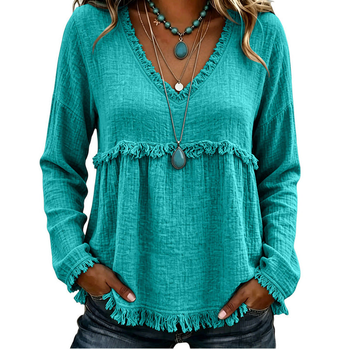 Ariselle - Fringe Trim V-Neck Blouse