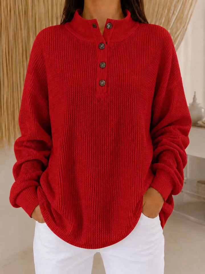 Belliora - Button Neck Textured Knit Sweater