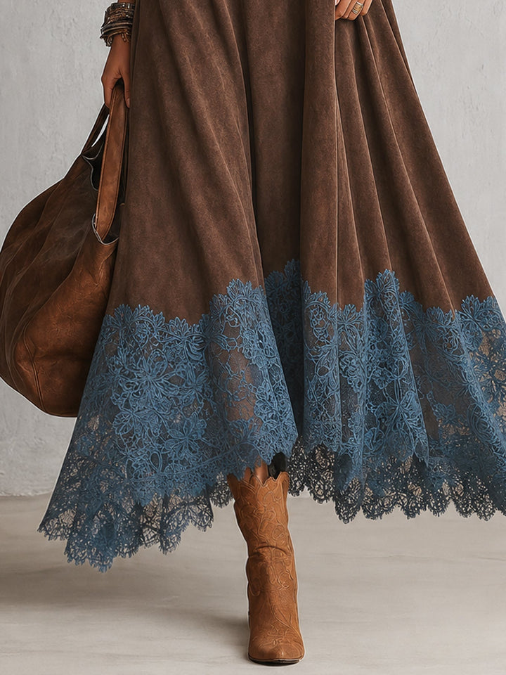 Maelis - Velvety Lace-Trim Maxi Dress