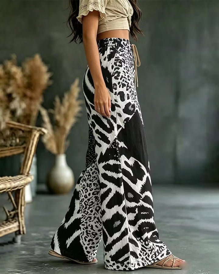 Elfrida - Soft-Touch Leopard Patchwork Wide-Leg Trousers