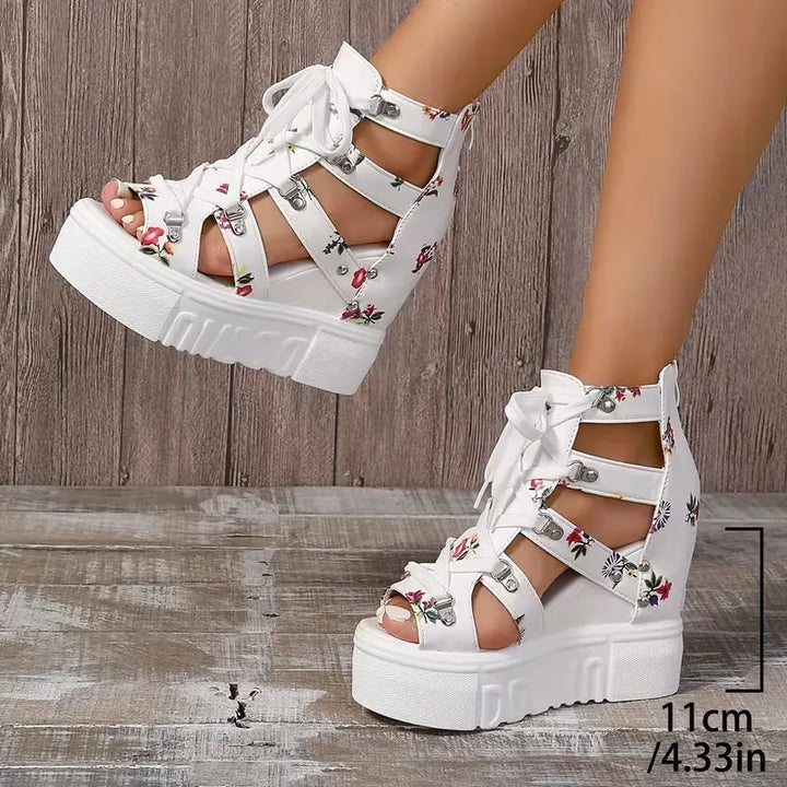 Gaelina - Floral Lace Up Platform Sandals