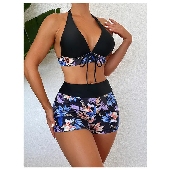 Zenaida - Floral Halter Bikini Shorts Set