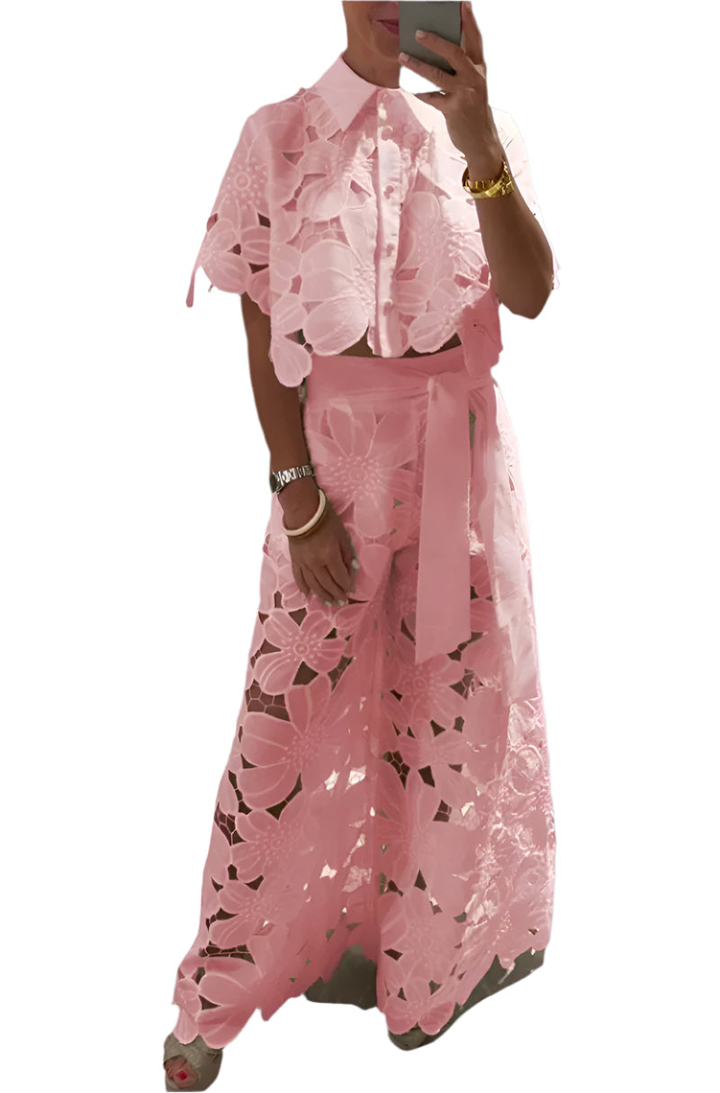 Celessia - Floral Lace Blouse and Wide Leg Trousers Set