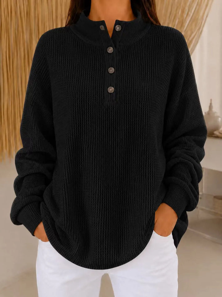 Belliora - Button Neck Textured Knit Sweater