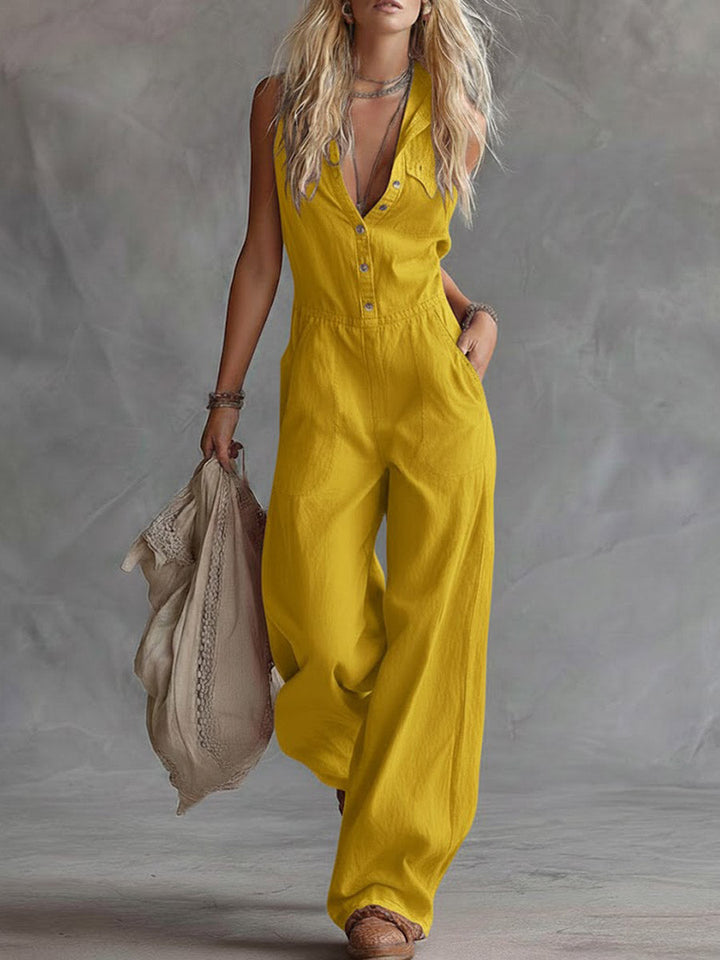 Neoma - Button Front Wide Leg Jumpsuit