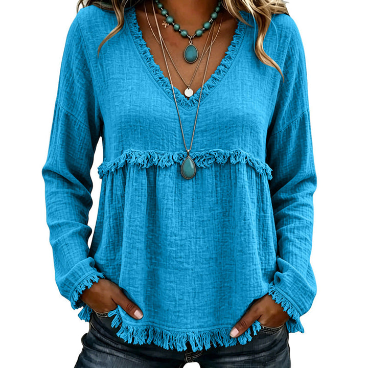Ariselle - Fringe Trim V-Neck Blouse