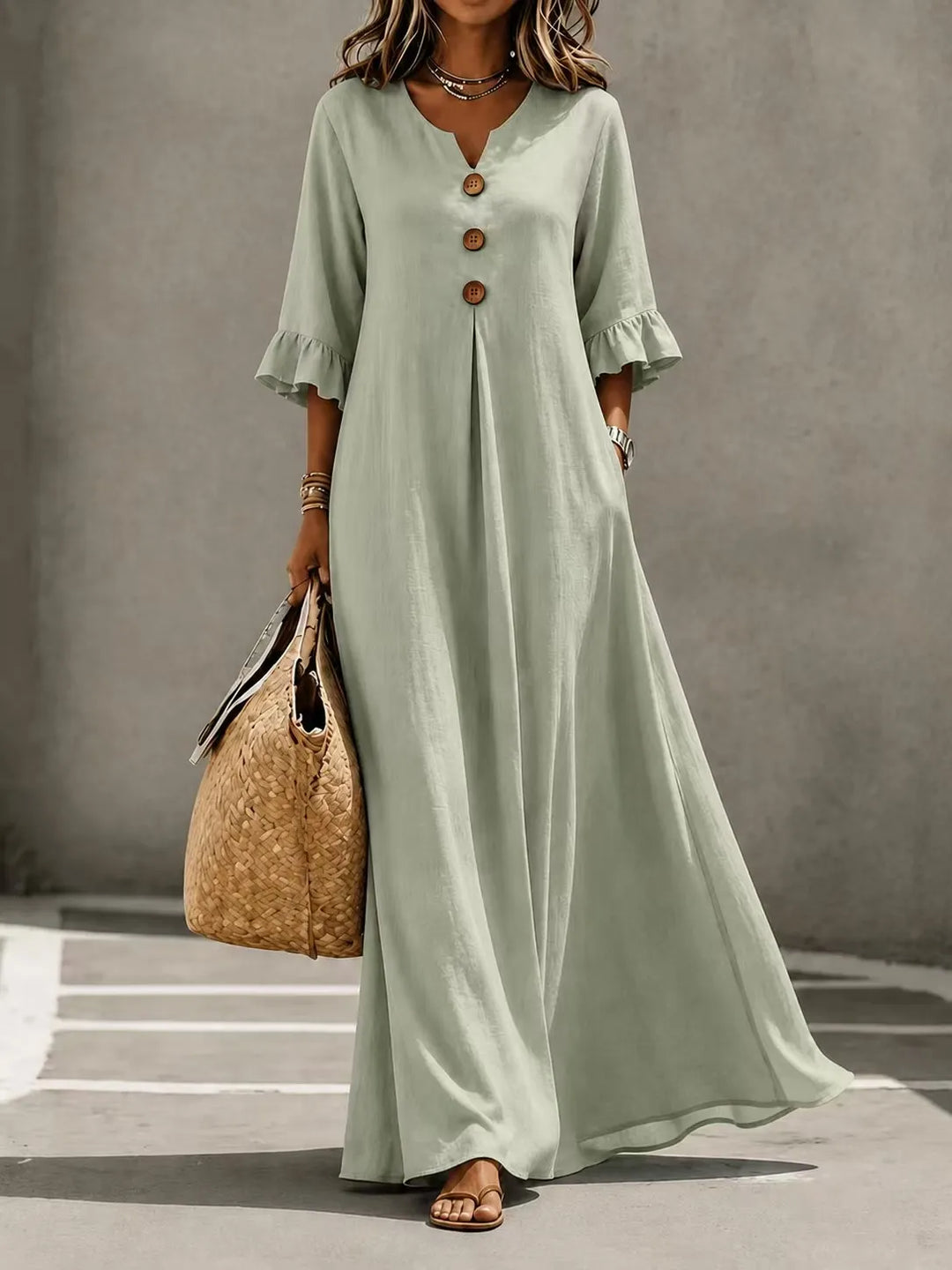 Vesperelle - Soft-Touch Printed V-Neck Maxi Dress