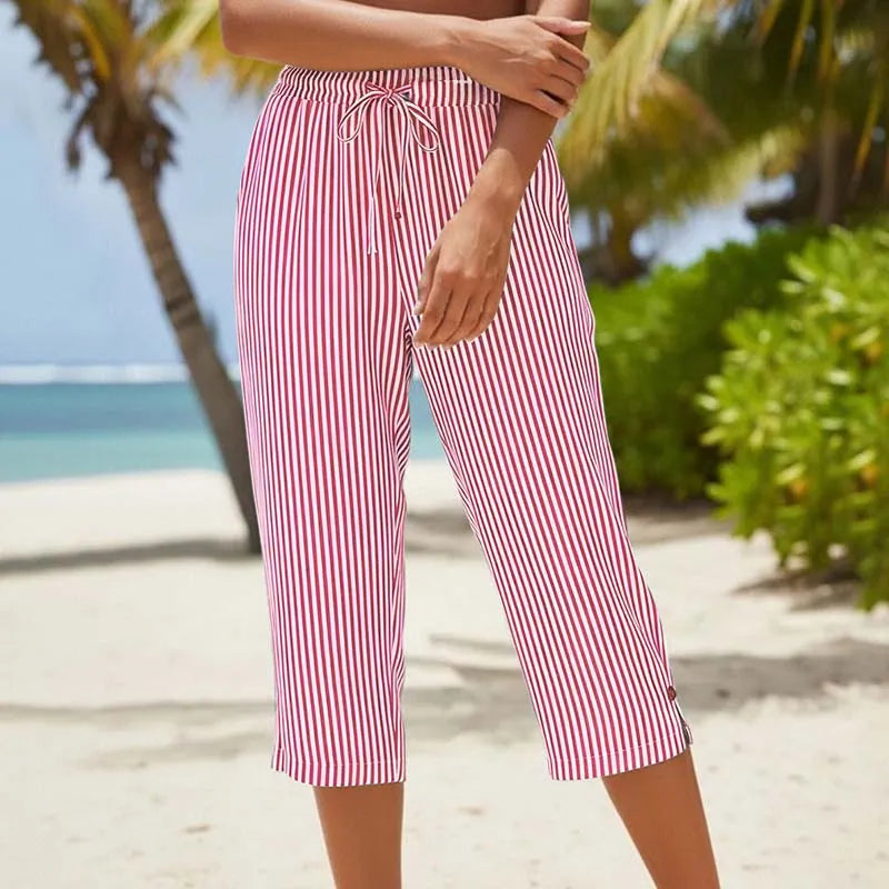 Roselina - Striped Drawstring Capri Trousers