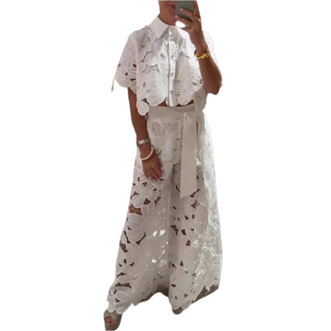 Celessia - Floral Lace Blouse and Wide Leg Trousers Set