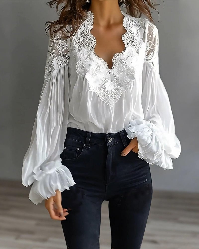 Celinrae - V-Neck Lace Long Sleeve Blouse