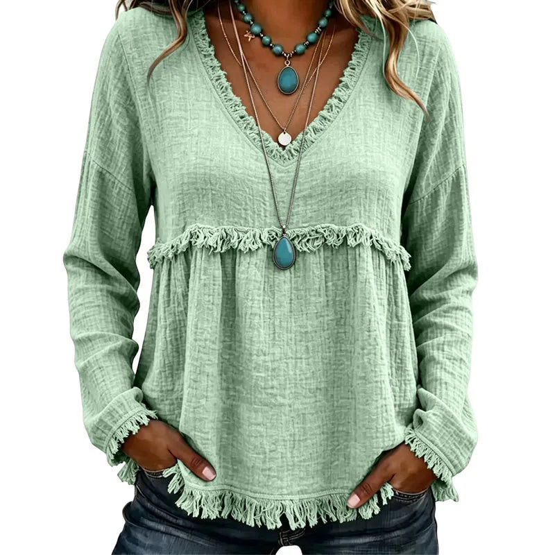 Ariselle - Fringe Trim V-Neck Blouse