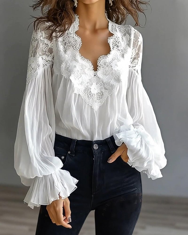 Celinrae - V-Neck Lace Long Sleeve Blouse