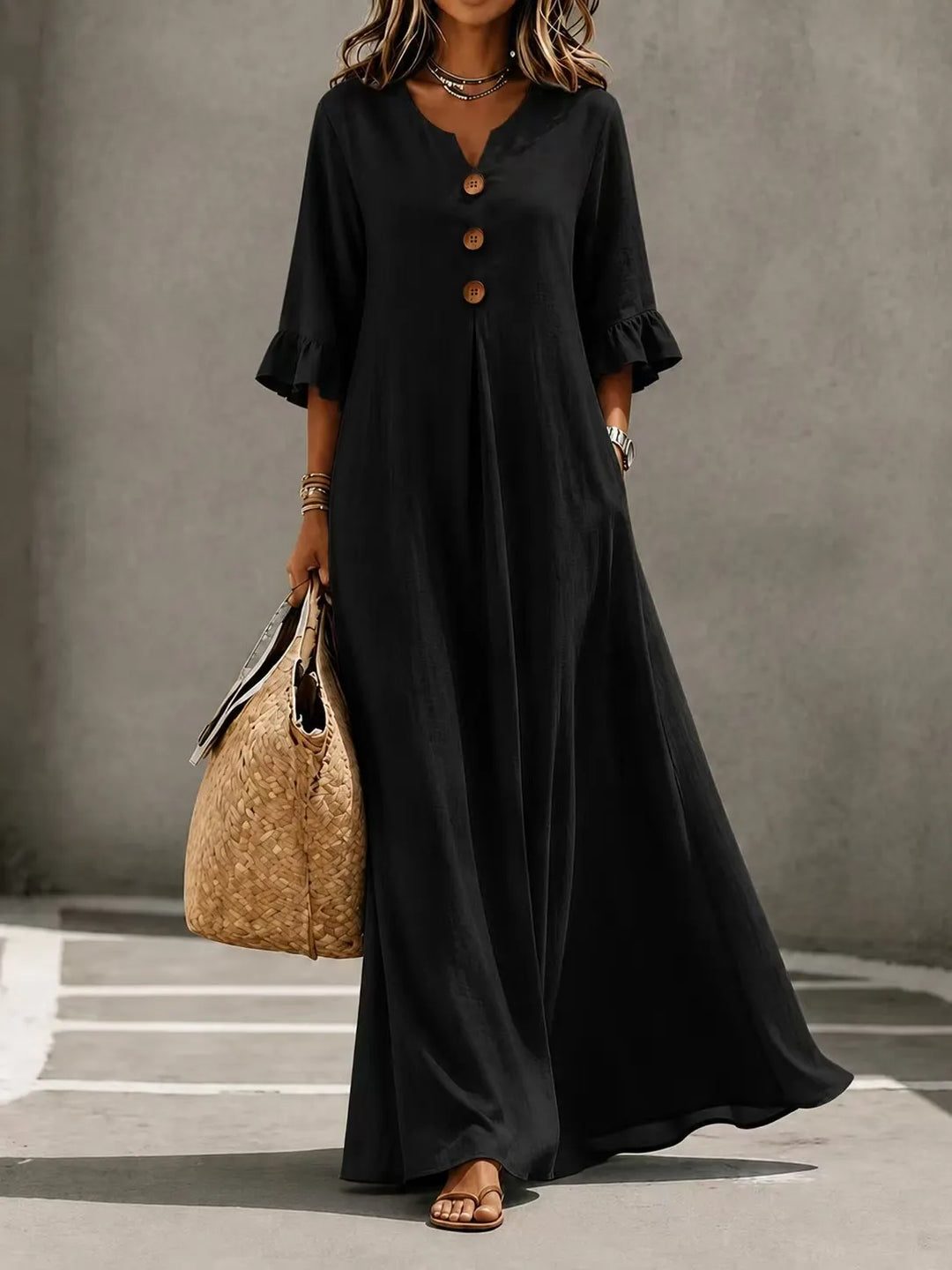 Vesperelle - Soft-Touch Printed V-Neck Maxi Dress