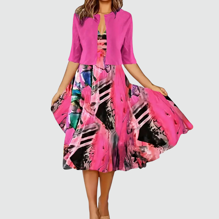 Phaeline - Printed Midi Dress and Cardigan Set