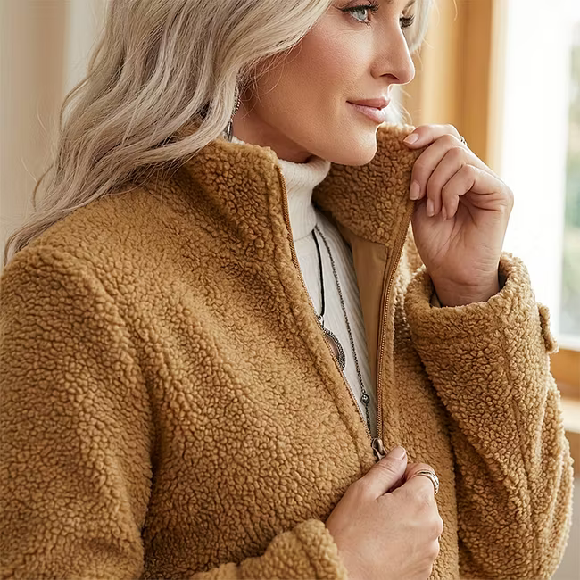 Lana - Textured Zip Front Mid Length Jacket