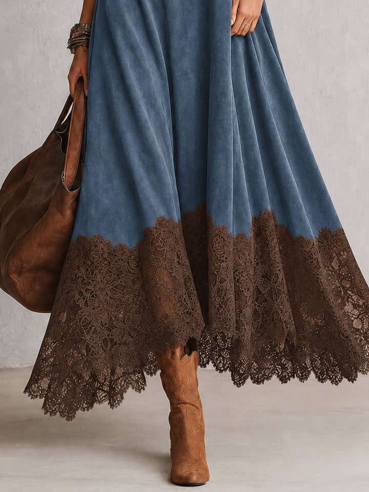 Maelis - Velvety Lace-Trim Maxi Dress