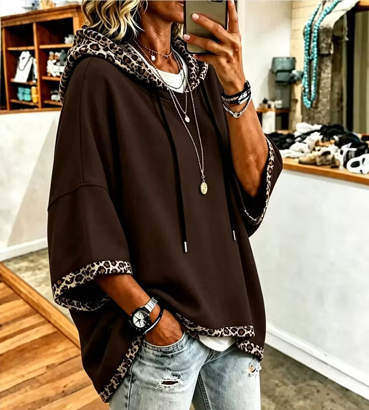 Aliz - Leopard Trim Batwing Hooded Sweatshirt