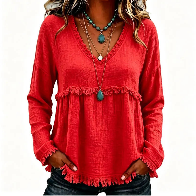 Ariselle - Fringe Trim V-Neck Blouse
