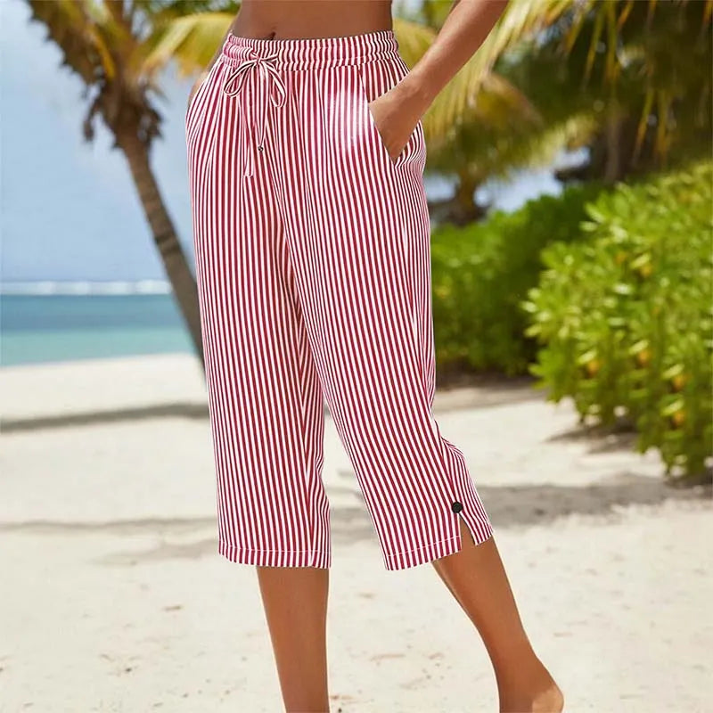 Roselina - Striped Drawstring Capri Trousers