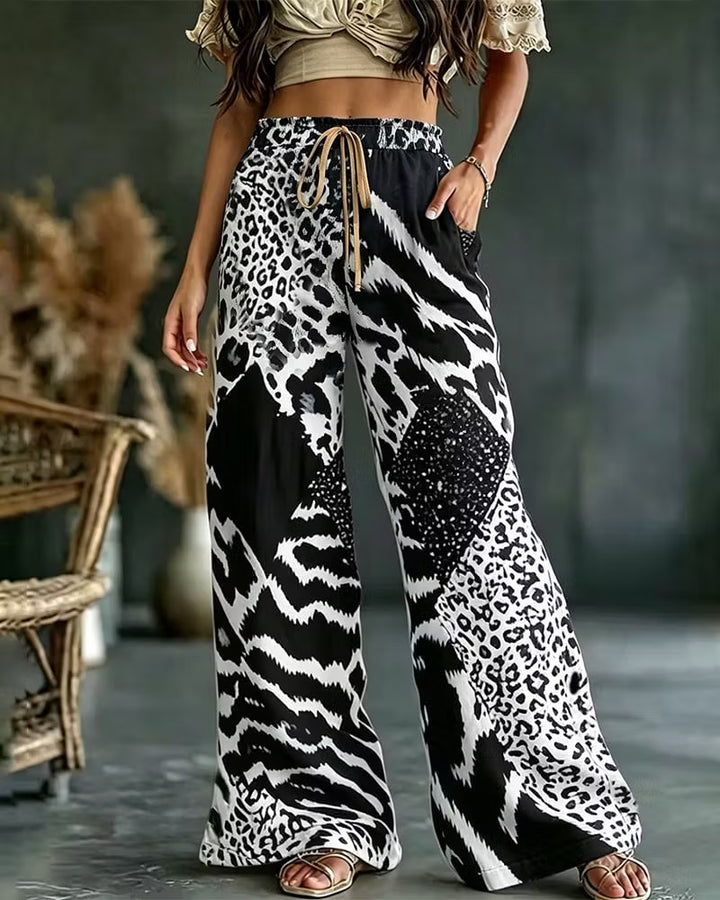 Elfrida - Soft-Touch Leopard Patchwork Wide-Leg Trousers