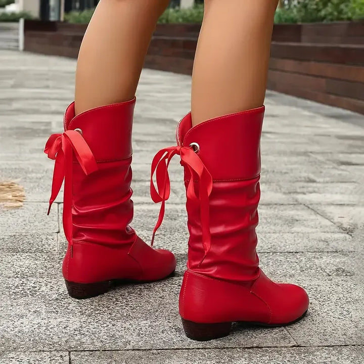 Hilda - Ruched Lace Up Mid Calf Boots