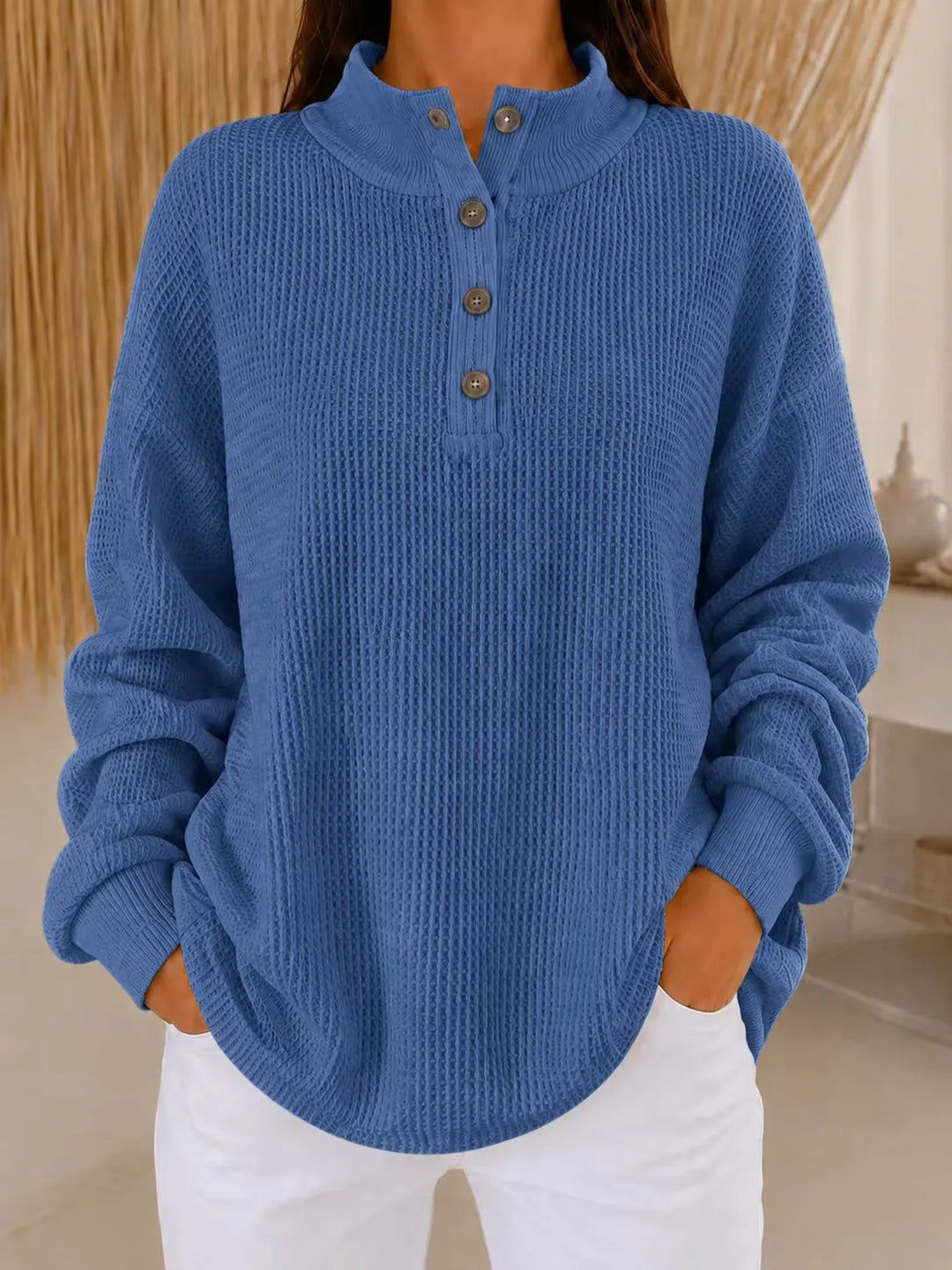 Belliora - Button Neck Textured Knit Sweater