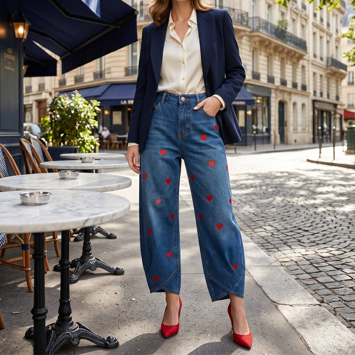 Arabella - Heart Print Barrel Leg Jeans