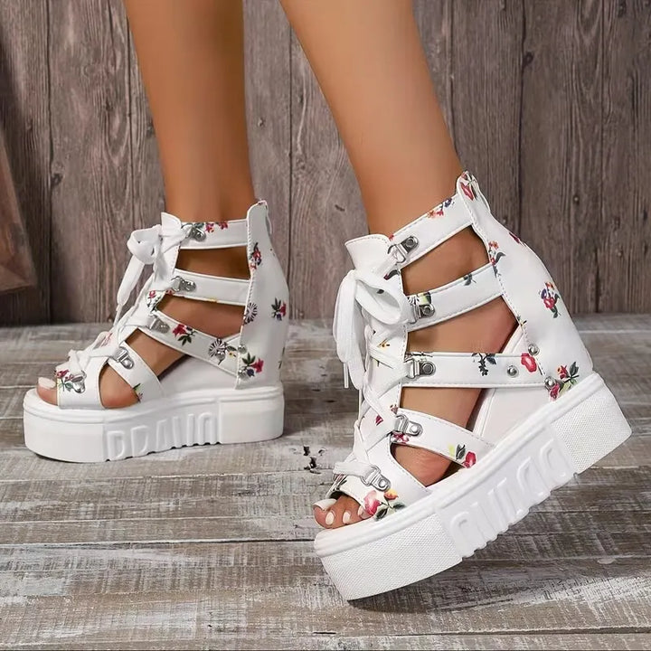 Gaelina - Floral Lace Up Platform Sandals