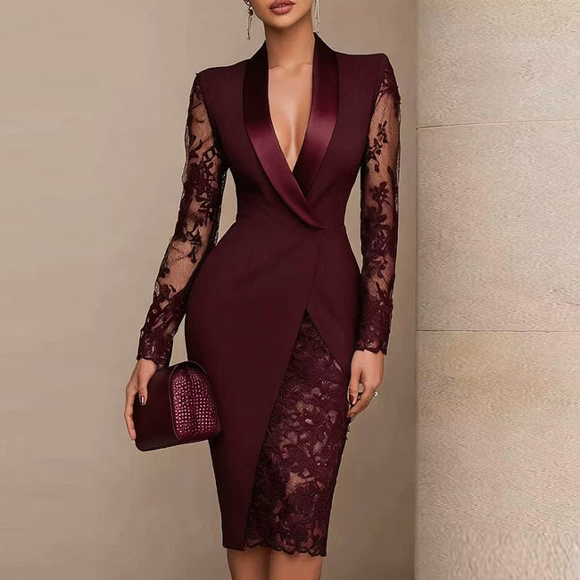 Menna - Elegant Lace Sleeve Tailored Midi Dress