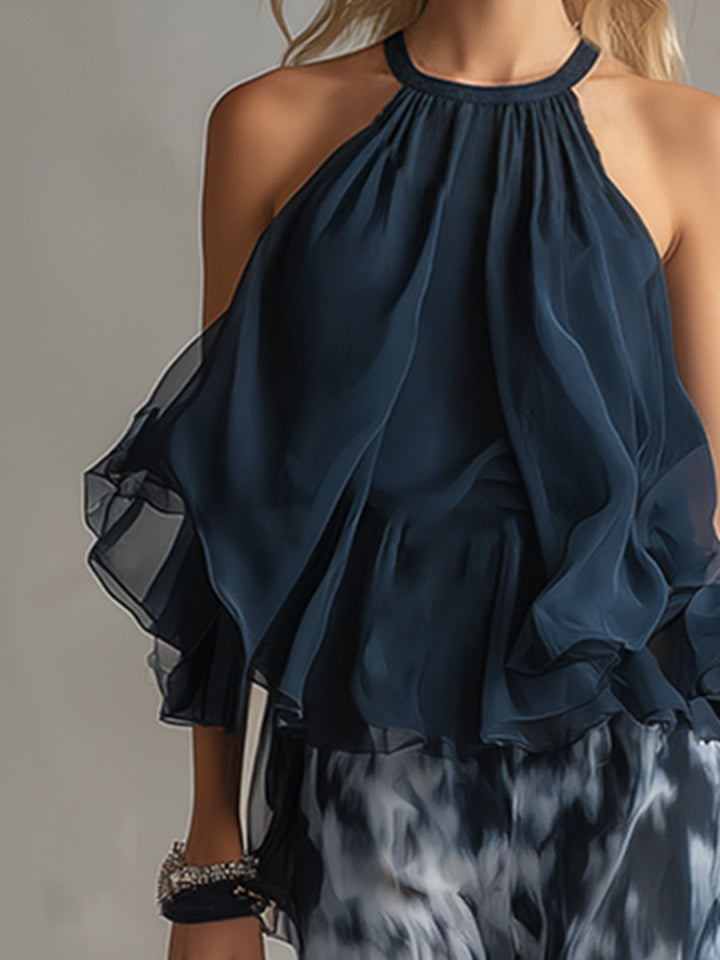 Norelda - Elegant High-Neck Top & Wide-Leg Trousers Set