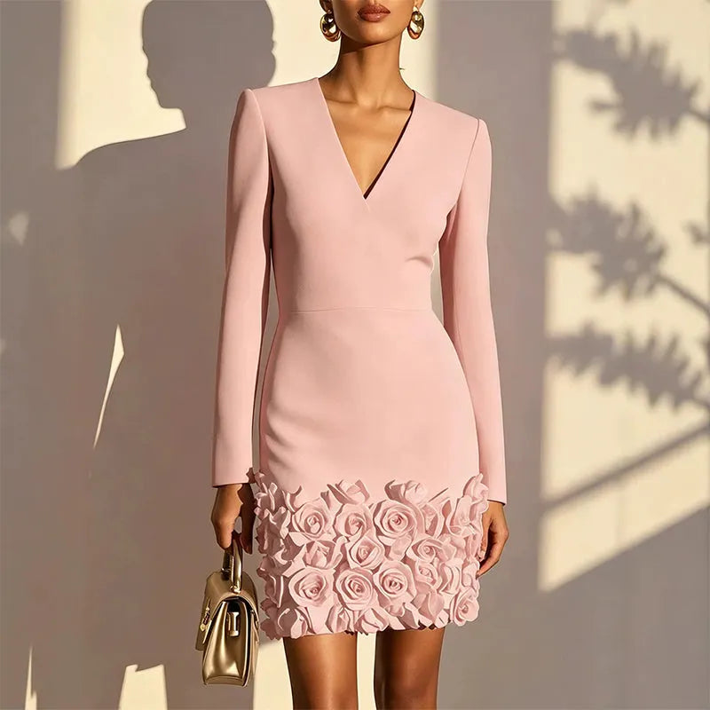 Bernadette - Soft-Touch Rose-Hem V-Neck Long-Sleeve Dress