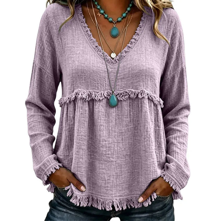 Ariselle - Fringe Trim V-Neck Blouse