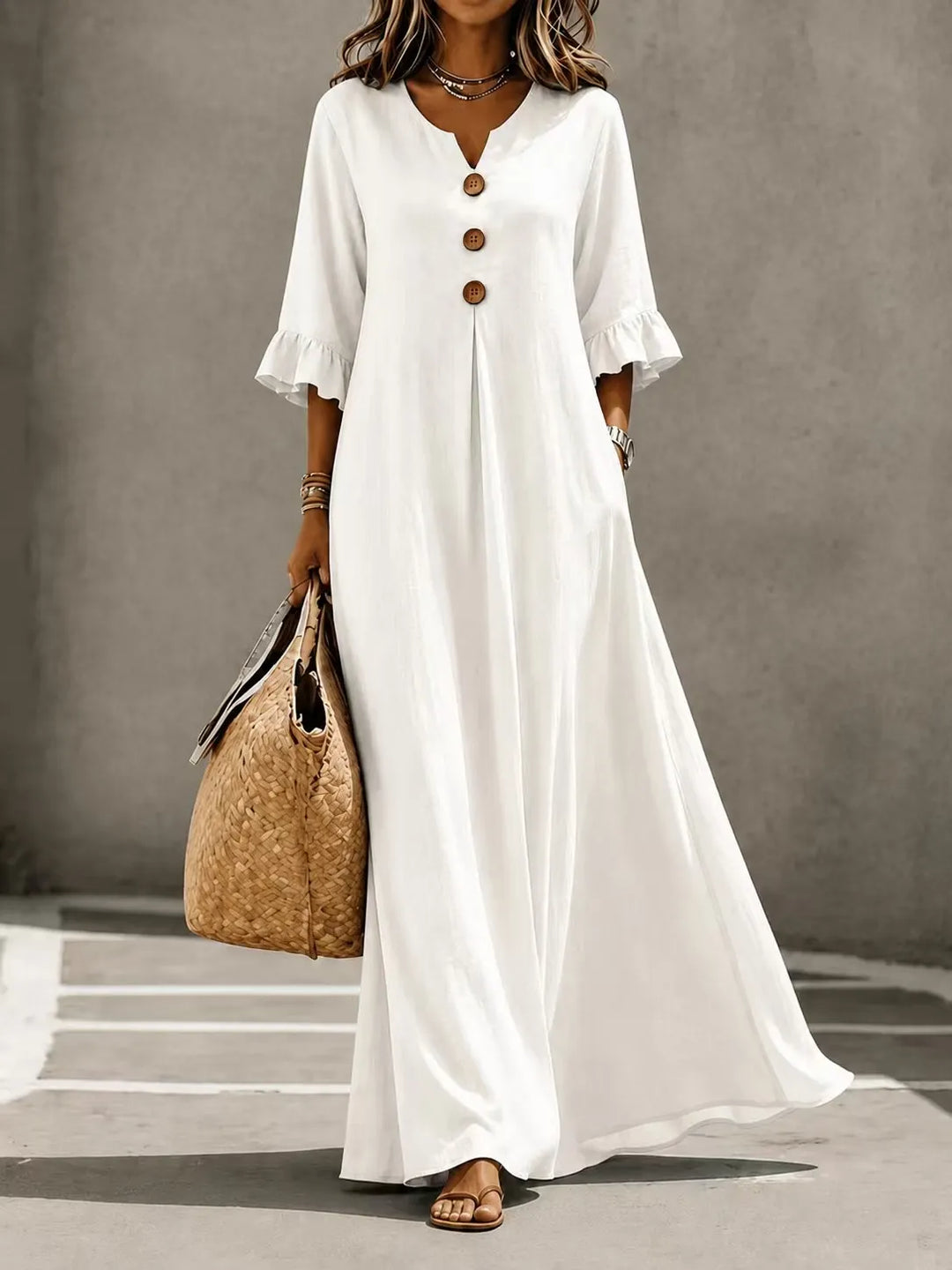 Vesperelle - Soft-Touch Printed V-Neck Maxi Dress