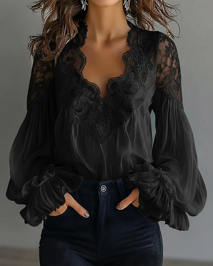 Celinrae - V-Neck Lace Long Sleeve Blouse