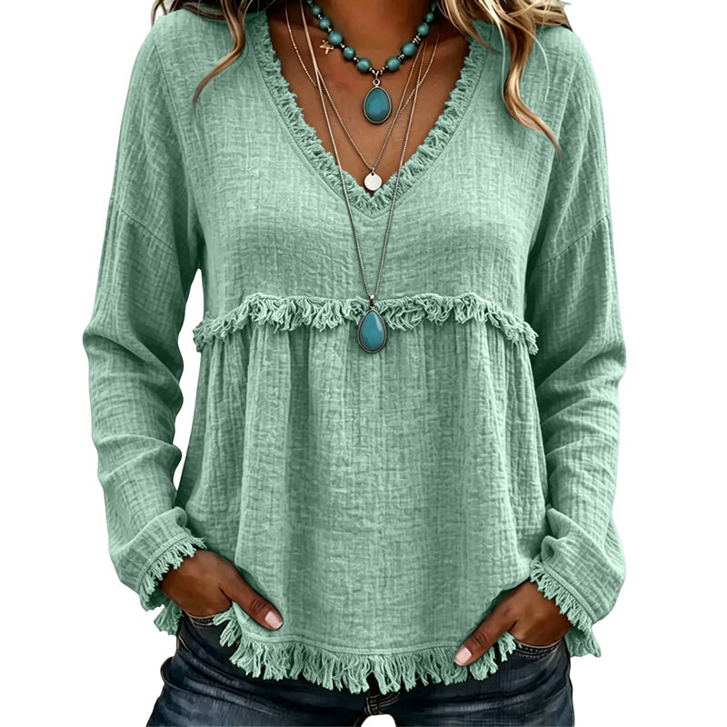 Ariselle - Fringe Trim V-Neck Blouse