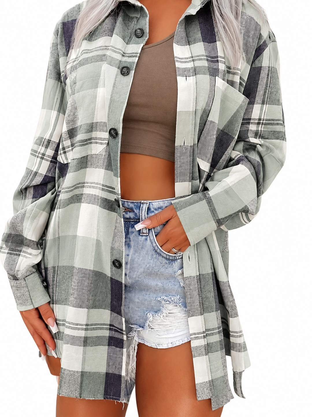 Annora - Casual Brushed Plaid Shirt Jacket