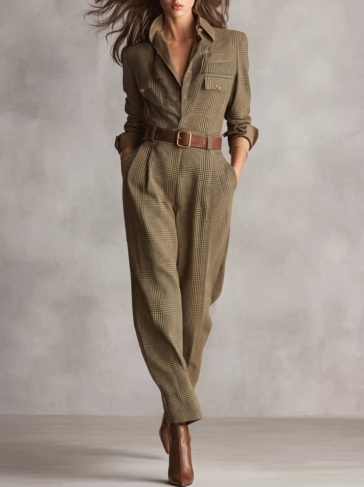 Eulie - Belted Check Print Jumpsuit