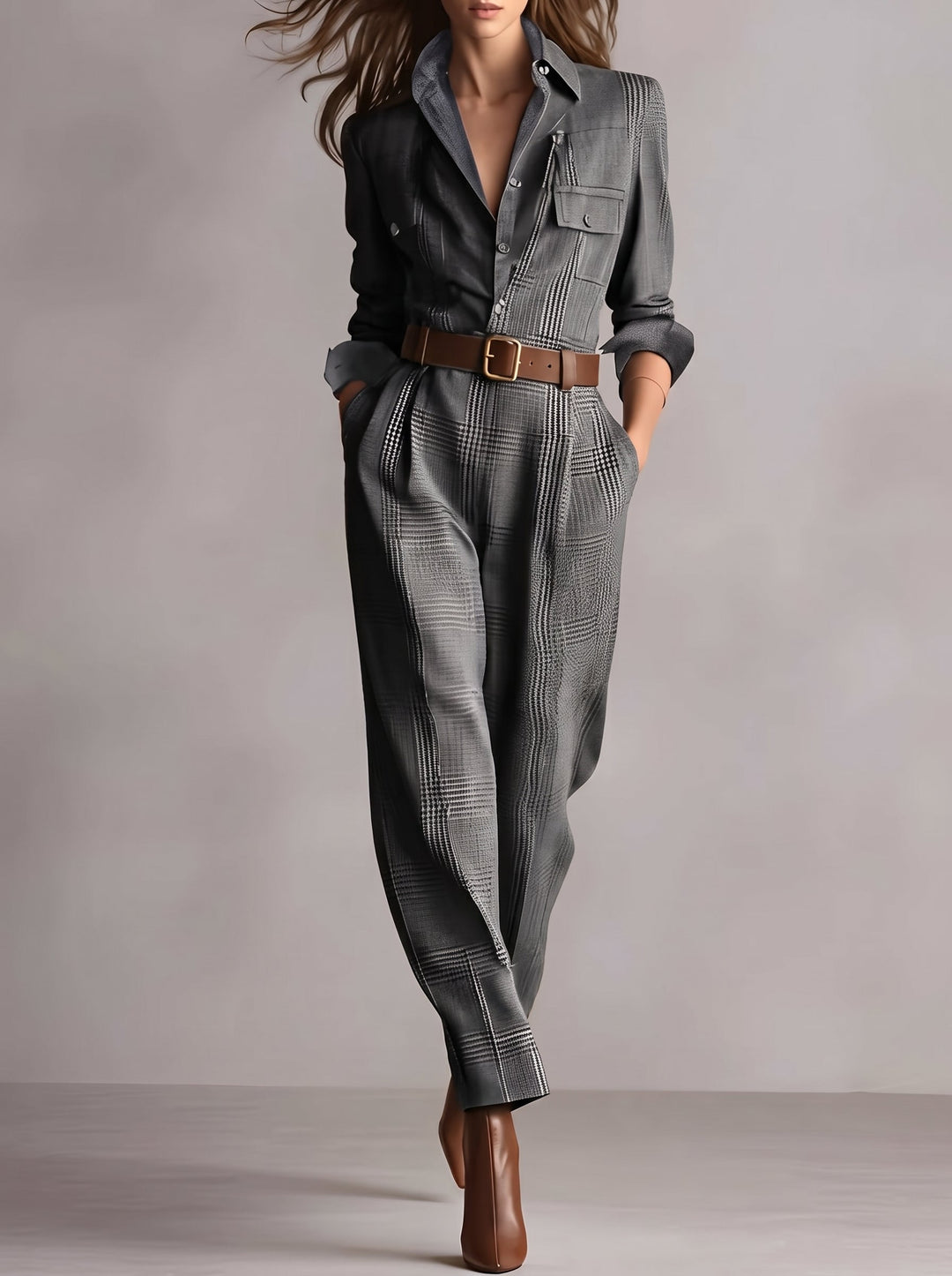 Eulie - Belted Check Print Jumpsuit