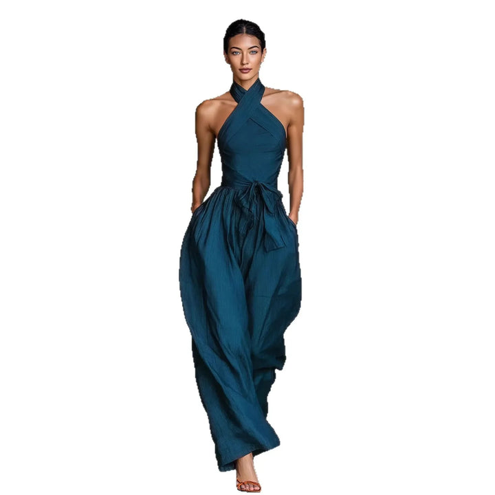Evaria - Cross Halter Wide Leg Jumpsuit