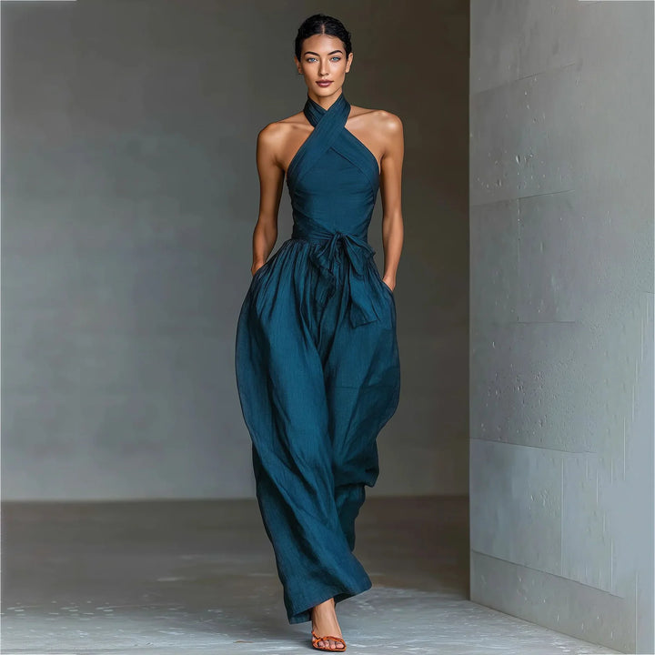 Evaria - Cross Halter Wide Leg Jumpsuit