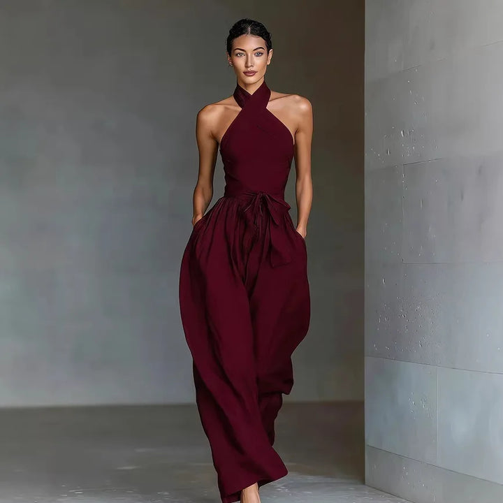 Evaria - Cross Halter Wide Leg Jumpsuit