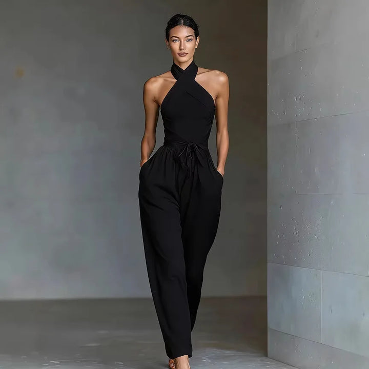 Evaria - Cross Halter Wide Leg Jumpsuit