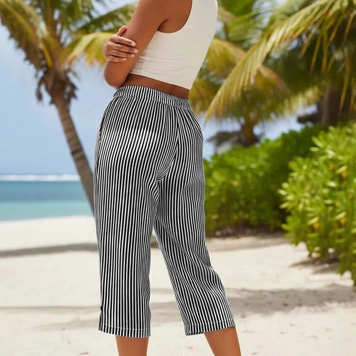 Roselina - Striped Drawstring Capri Trousers