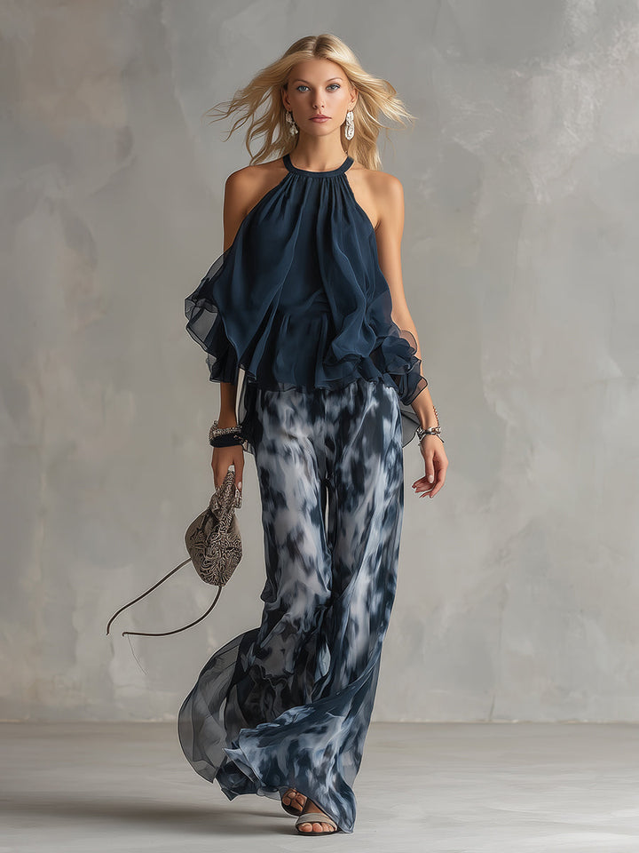 Norelda - Elegant High-Neck Top & Wide-Leg Trousers Set