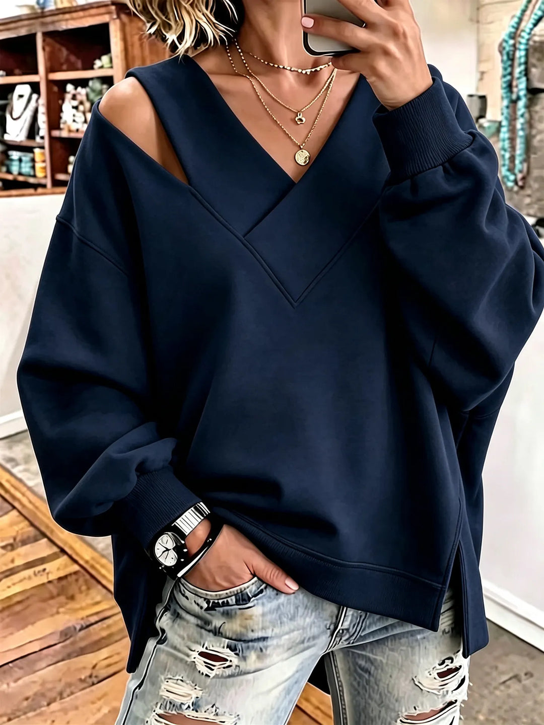 Aurelia - Soft-Touch Cutout V-Neck Sweatshirt