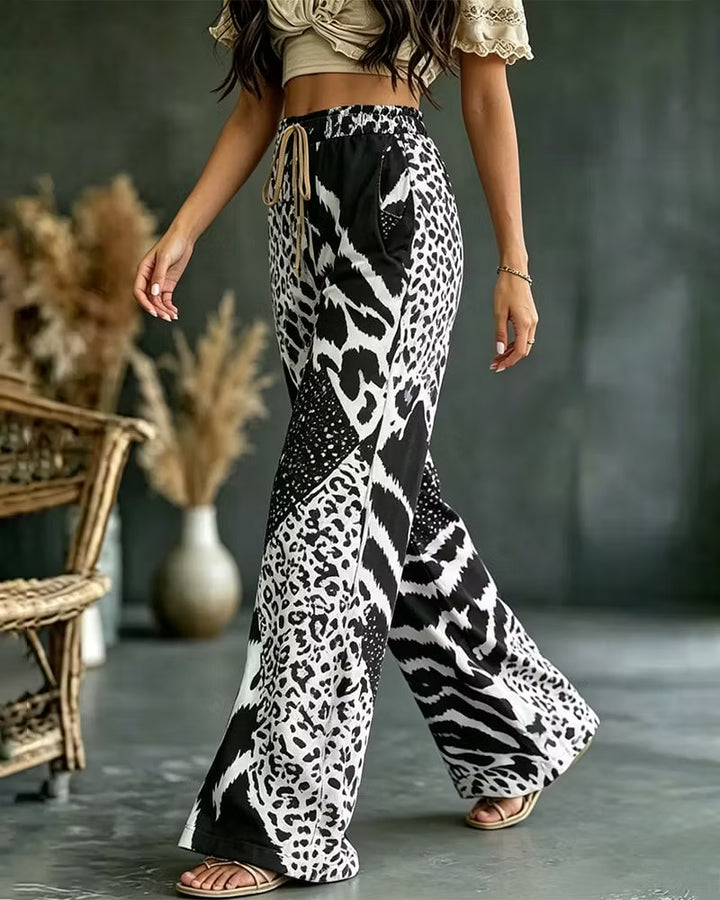 Elfrida - Soft-Touch Leopard Patchwork Wide-Leg Trousers